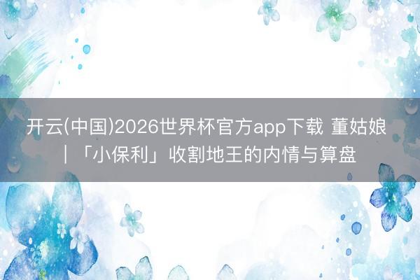 开云(中国)2026世界杯官方app下载 董姑娘 | 「小保利」收割地王的内情与算盘